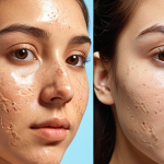 **A close-up split image of a young woman's face during winter. One side shows dry, flaky skin with foundation clinging to dry patches and enlarged pores, looking uncomfortable. The other side portrays perfectly smooth, hydrated skin with a seamlessly blended, luminous foundation, exuding a natural, healthy glow. Soft, warm indoor lighting emphasizes the transformation.**