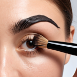 Close-up shot of a hand applying brow mascara with a spiral brush to sparse eyebrows, demonstrating even coverage and color application. Focus on the brush design and texture of the brow hairs.