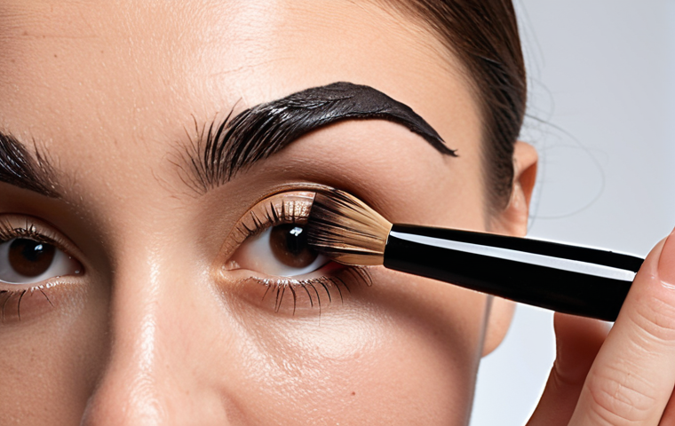 Close-up shot of a hand applying brow mascara with a spiral brush to sparse eyebrows, demonstrating even coverage and color application. Focus on the brush design and texture of the brow hairs.