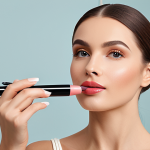 A professional woman with perfect anatomy and correct proportions, showcasing a pen-style lip gloss. Her well-formed hands are gently and precisely applying the lip gloss to her lips, highlighting the fine tip for accurate application. The focus is on the smooth texture and vibrant color being applied, with subtle details of different lip gloss textures (matte, velvet, glossy) on display in the background. She is fully clothed in modest, appropriate attire, in a brightly lit, clean beauty studio setting. High quality professional photography, natural body proportions, safe for work, appropriate content, family-friendly.