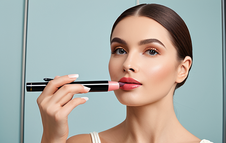 A professional woman with perfect anatomy and correct proportions, showcasing a pen-style lip gloss. Her well-formed hands are gently and precisely applying the lip gloss to her lips, highlighting the fine tip for accurate application. The focus is on the smooth texture and vibrant color being applied, with subtle details of different lip gloss textures (matte, velvet, glossy) on display in the background. She is fully clothed in modest, appropriate attire, in a brightly lit, clean beauty studio setting. High quality professional photography, natural body proportions, safe for work, appropriate content, family-friendly.