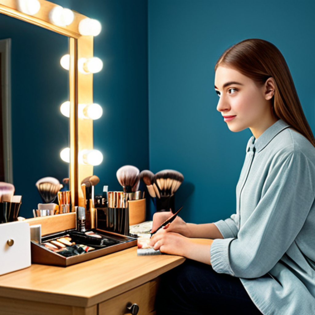 Natural Daily Makeup**
"A young woman with light makeup, wearing a modest, casual outfit, sitting at a vanity table with makeup brushes, fully clothed, safe for work, appropriate content, perfect anatomy, natural proportions, soft lighting, family-friendly, professional photography."
**