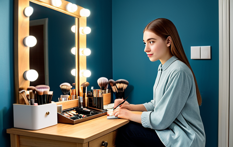 Natural Daily Makeup**

"A young woman with light makeup, wearing a modest, casual outfit, sitting at a vanity table with makeup brushes, fully clothed, safe for work, appropriate content, perfect anatomy, natural proportions, soft lighting, family-friendly, professional photography."

**