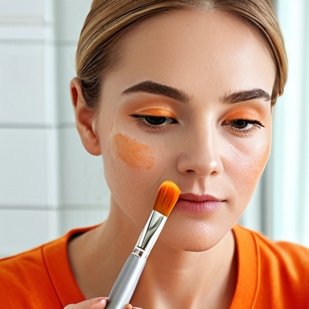 Woman applying orange-toned concealer**

Prompt: A woman with fair skin gently applies an orange-toned concealer under her eyes, fully clothed, using a small brush in a well-lit bathroom.  Focus on the product application.  Safe for work, appropriate content, professional makeup demonstration, perfect anatomy, natural proportions, high quality.

**