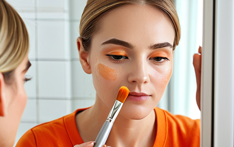 Woman applying orange-toned concealer**

Prompt: A woman with fair skin gently applies an orange-toned concealer under her eyes, fully clothed, using a small brush in a well-lit bathroom.  Focus on the product application.  Safe for work, appropriate content, professional makeup demonstration, perfect anatomy, natural proportions, high quality.

**
