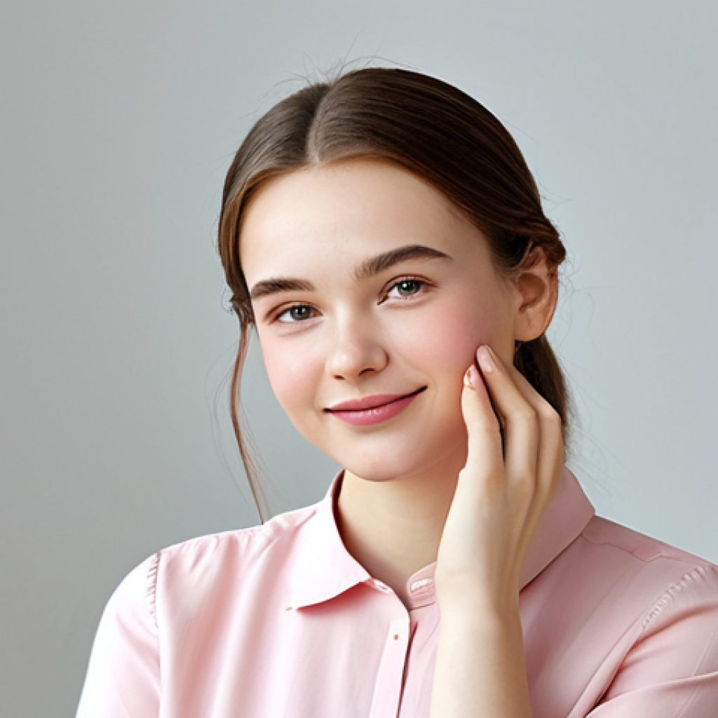 파스텔 톤 블러셔와 펄 블러셔 비교 - Natural Rosy Cheeks**
"A young woman with fair skin, wearing a light pink, modest blouse, in a brig...
