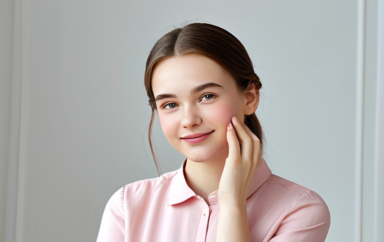 파스텔 톤 블러셔와 펄 블러셔 비교 - Natural Rosy Cheeks**

"A young woman with fair skin, wearing a light pink, modest blouse, in a brig...