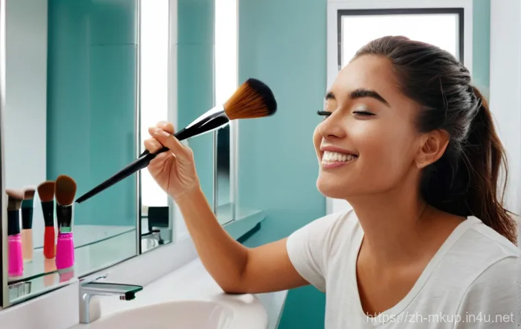 메이크업 디바이스 추천  브러쉬 클리너 - **Prompt:** A dynamic split image illustrating the transformation of makeup brush cleaning. On the l...