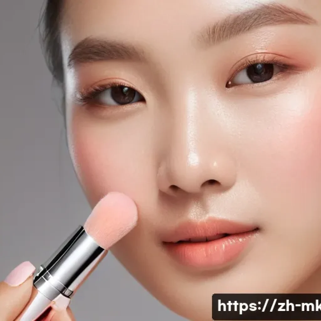 블러셔 스틱과 파우더 블러셔 차이 - A close-up portrait of a young East Asian woman with flawless dry skin applying a creamy blush stick...