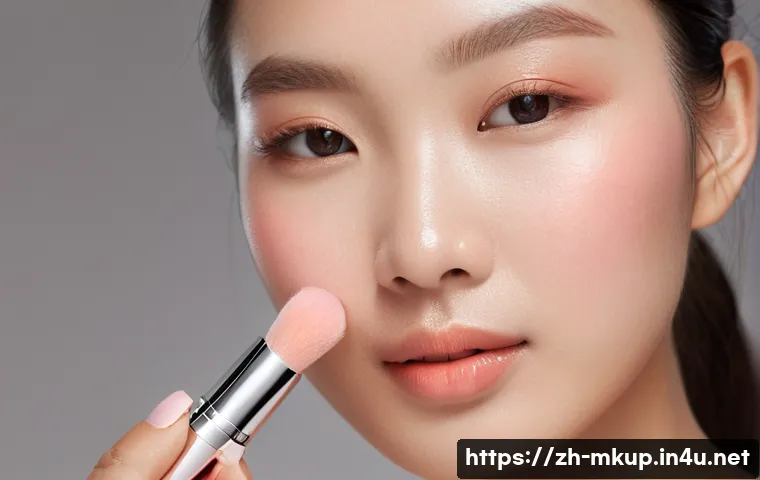 블러셔 스틱과 파우더 블러셔 차이 - A close-up portrait of a young East Asian woman with flawless dry skin applying a creamy blush stick...