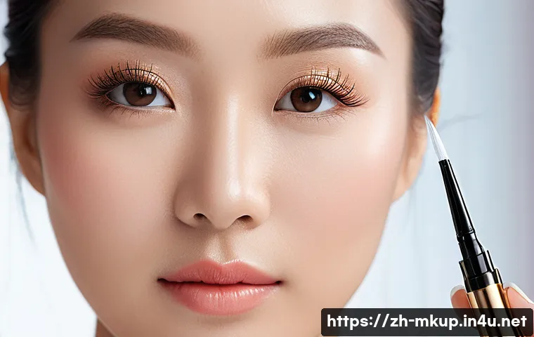 속눈썹 전용 프라이머 추천 - A close-up portrait of an Asian woman with naturally styled eyelashes applying a nourishing eyelash ...