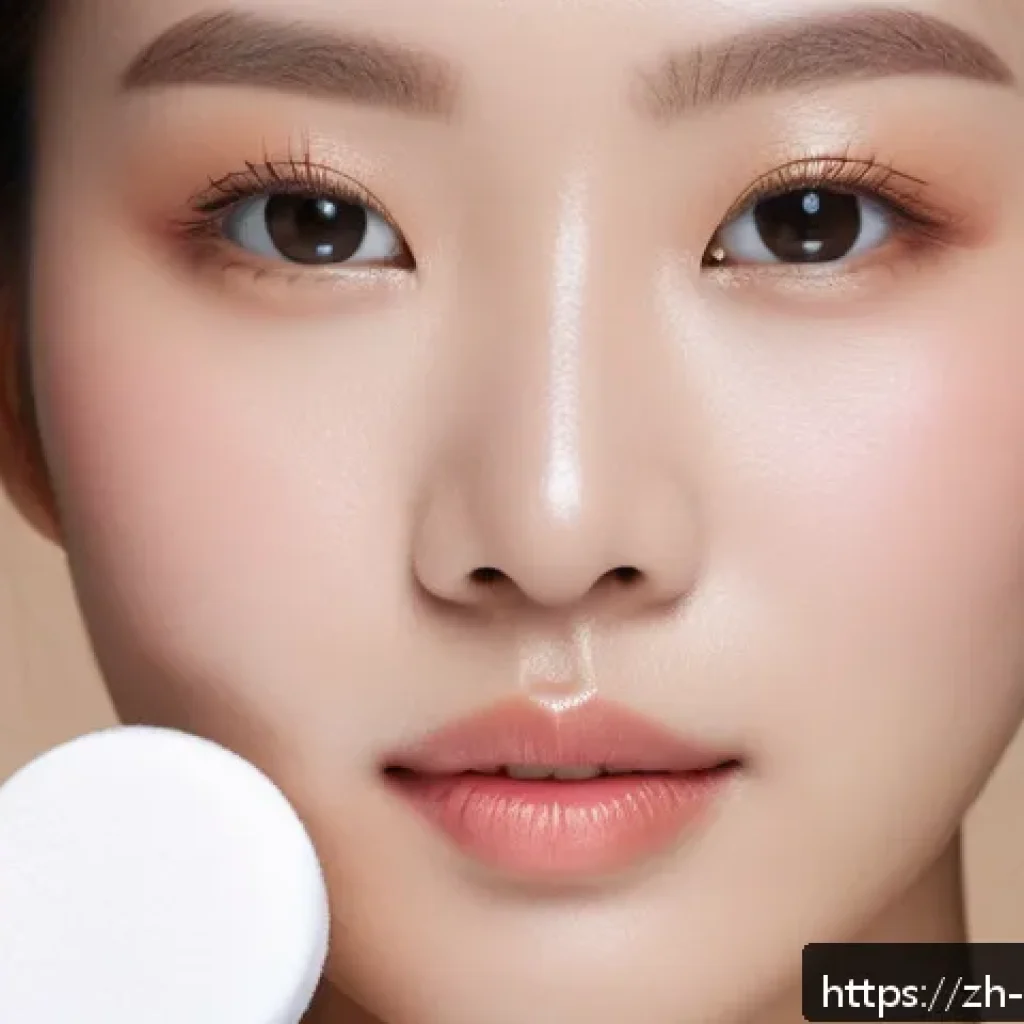 피부결 정돈을 위한 세팅 파우더 - A close-up portrait of a young Asian woman with flawless skin, demonstrating the use of translucent ...