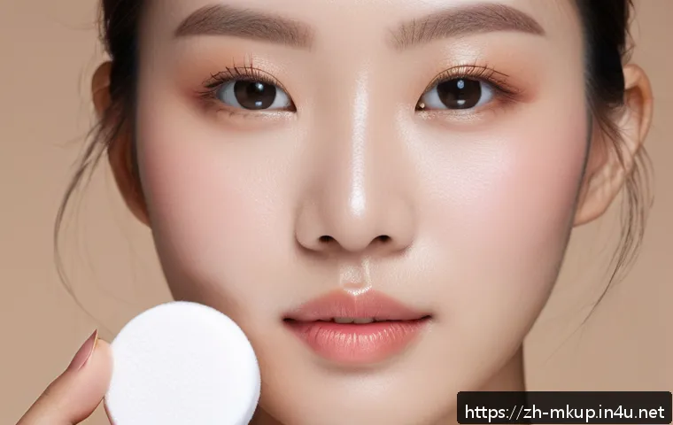 피부결 정돈을 위한 세팅 파우더 - A close-up portrait of a young Asian woman with flawless skin, demonstrating the use of translucent ...