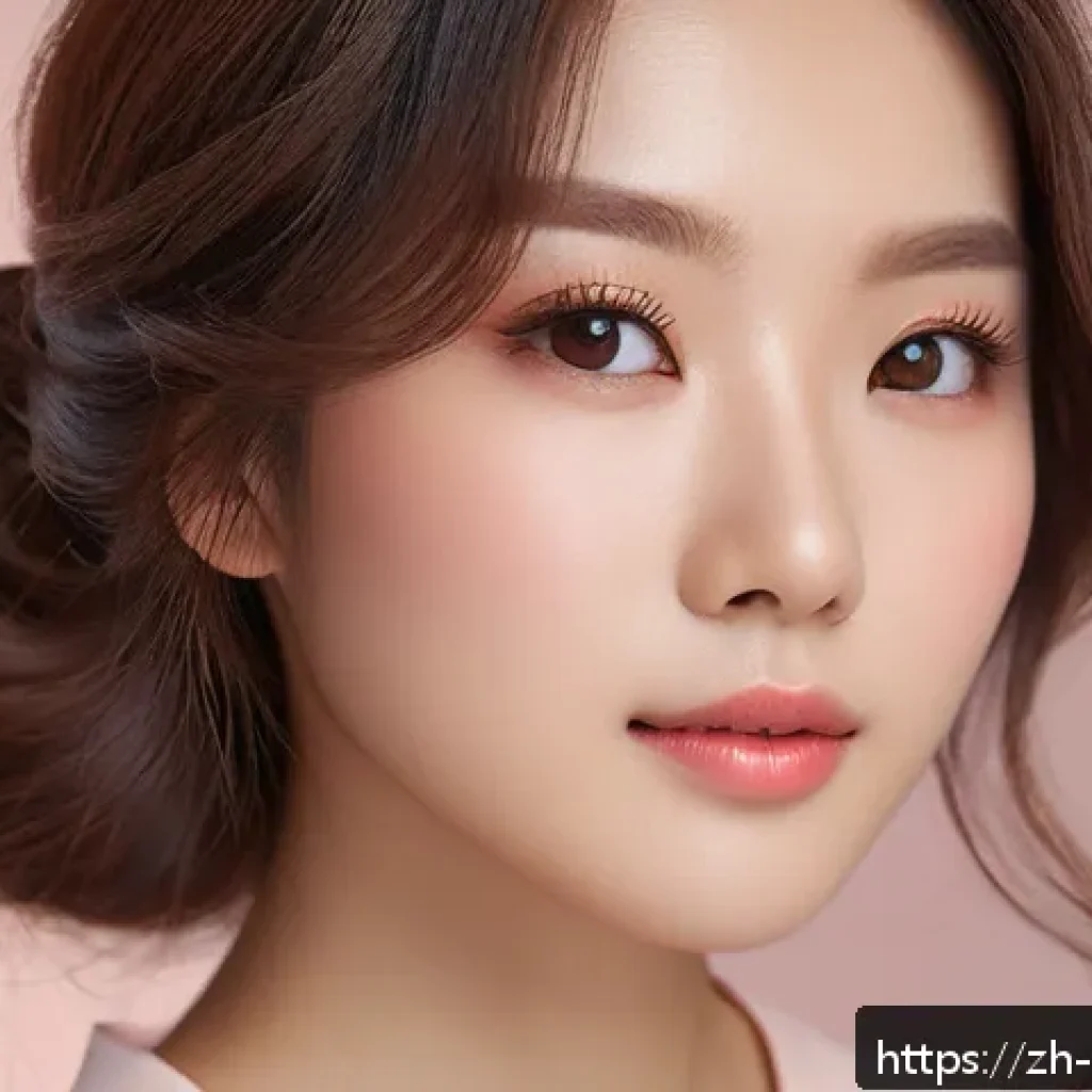 소프트 브라운 아이섀도우 추천 - A close-up portrait of a young East Asian woman with delicate spring makeup featuring soft warm brow...