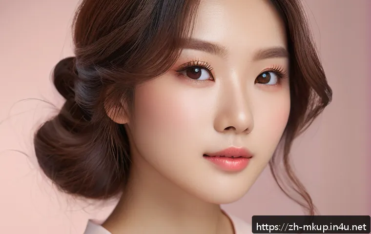 소프트 브라운 아이섀도우 추천 - A close-up portrait of a young East Asian woman with delicate spring makeup featuring soft warm brow...