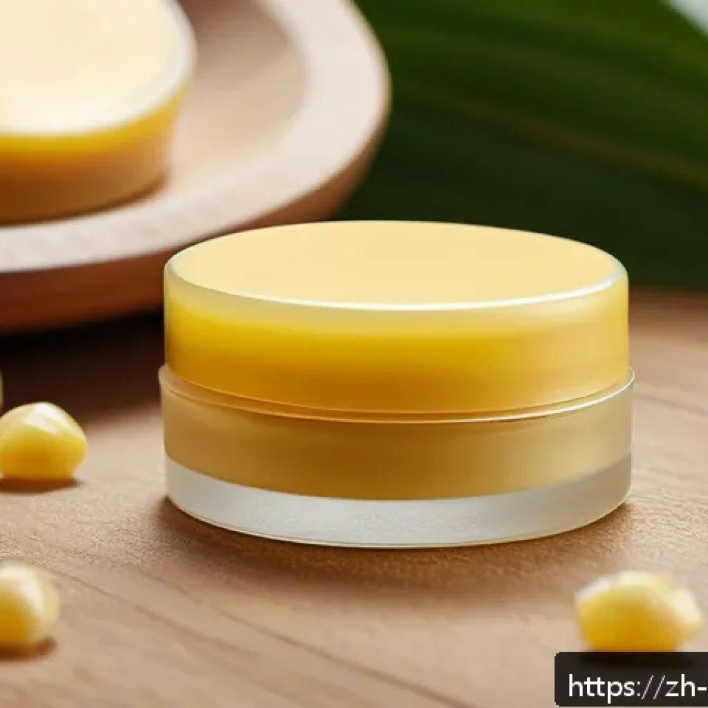 일상용 립밤과 컬러 립밤 비교 - A close-up image of a natural moisturizing lip balm tube placed on a smooth wooden surface, surround...