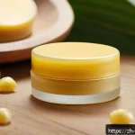 일상용 립밤과 컬러 립밤 비교 - A close-up image of a natural moisturizing lip balm tube placed on a smooth wooden surface, surround...