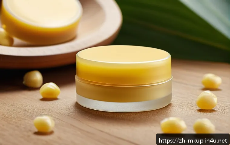 일상용 립밤과 컬러 립밤 비교 - A close-up image of a natural moisturizing lip balm tube placed on a smooth wooden surface, surround...