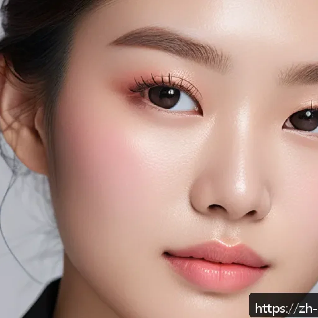 겨울철 핑크톤 메이크업 아이디어 - A close-up portrait of a young Asian woman with flawless, dewy skin wearing a natural pink-toned moi...