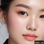 겨울철 핑크톤 메이크업 아이디어 - A close-up portrait of a young Asian woman with flawless, dewy skin wearing a natural pink-toned moi...