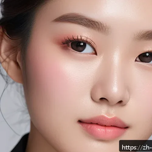 겨울철 핑크톤 메이크업 아이디어 - A close-up portrait of a young Asian woman with flawless, dewy skin wearing a natural pink-toned moi...