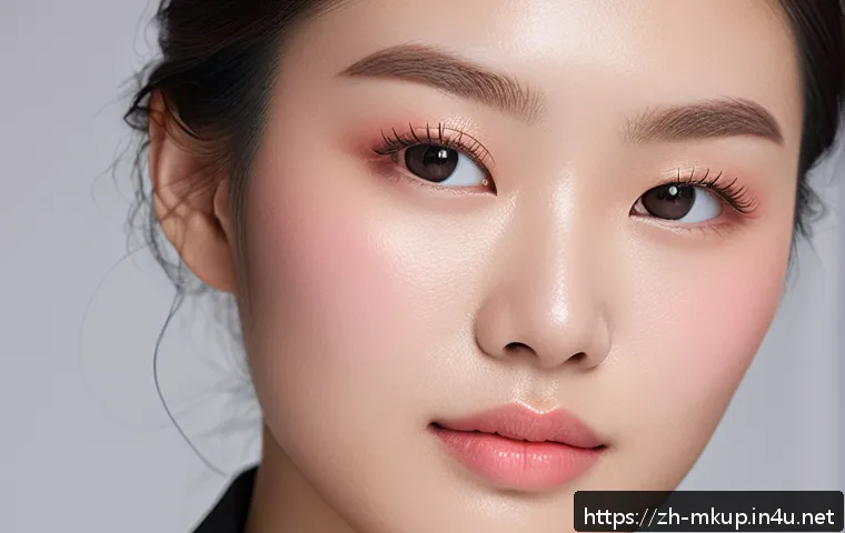 겨울철 핑크톤 메이크업 아이디어 - A close-up portrait of a young Asian woman with flawless, dewy skin wearing a natural pink-toned moi...