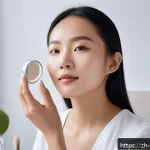 촉촉함을 유지하는 글로우 파우더 - A close-up portrait of a young East Asian woman applying a hydrating primer with hyaluronic acid, sh...