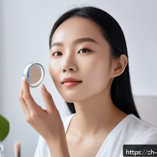 촉촉함을 유지하는 글로우 파우더 - A close-up portrait of a young East Asian woman applying a hydrating primer with hyaluronic acid, sh...