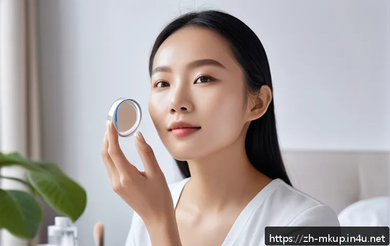 촉촉함을 유지하는 글로우 파우더 - A close-up portrait of a young East Asian woman applying a hydrating primer with hyaluronic acid, sh...