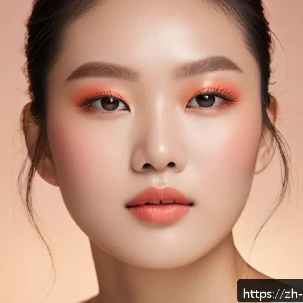 컬러 필터 메이크업 팁 - A close-up portrait of a young East Asian woman with warm-toned skin wearing vibrant coral orange ma...