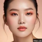 컬러 필터 메이크업 팁 - A close-up portrait of a young East Asian woman with warm-toned skin wearing vibrant coral orange ma...