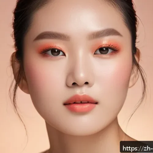 컬러 필터 메이크업 팁 - A close-up portrait of a young East Asian woman with warm-toned skin wearing vibrant coral orange ma...