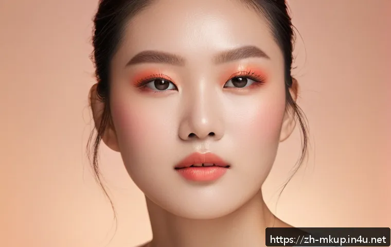 컬러 필터 메이크업 팁 - A close-up portrait of a young East Asian woman with warm-toned skin wearing vibrant coral orange ma...