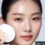 루스 파우더와 프레스드 파우더의 차이 - A close-up portrait of a young Chinese woman applying lightweight translucent loose powder with a la...