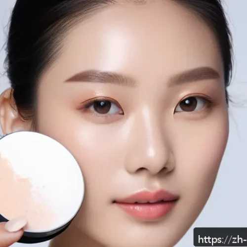 루스 파우더와 프레스드 파우더의 차이 - A close-up portrait of a young Chinese woman applying lightweight translucent loose powder with a la...