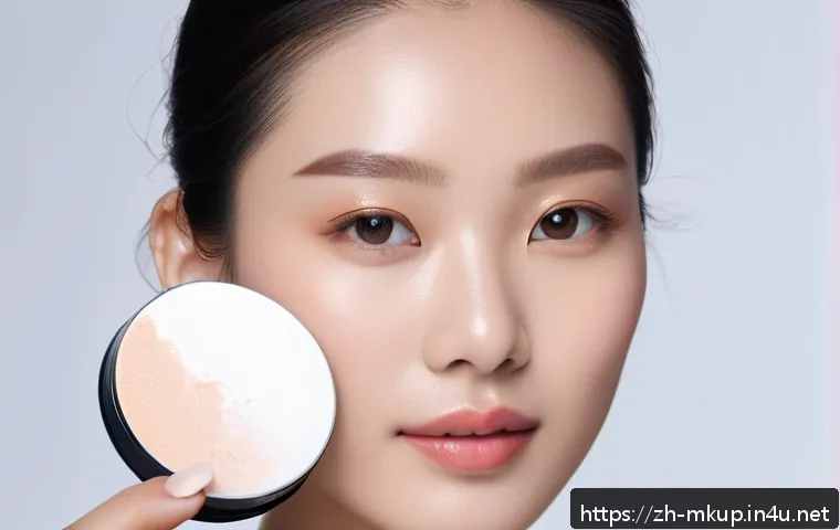 루스 파우더와 프레스드 파우더의 차이 - A close-up portrait of a young Chinese woman applying lightweight translucent loose powder with a la...