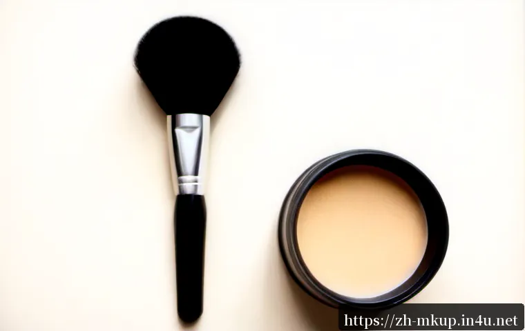 메이크업 스펀지와 브러쉬의 차이 - Photorealistic top-down beauty workspace showing a clean comparison between a soft teardrop makeup s...