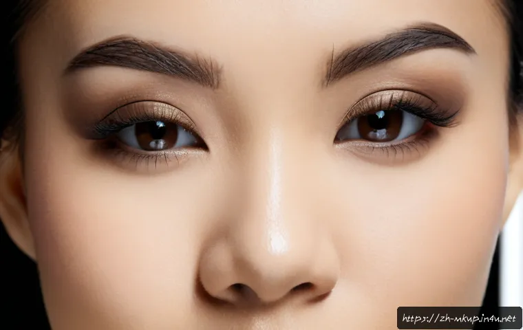 스모키 아이 메이크업 팁 - Photorealistic close-up beauty portrait of an adult woman with a polished smoky eye makeup look, sof...